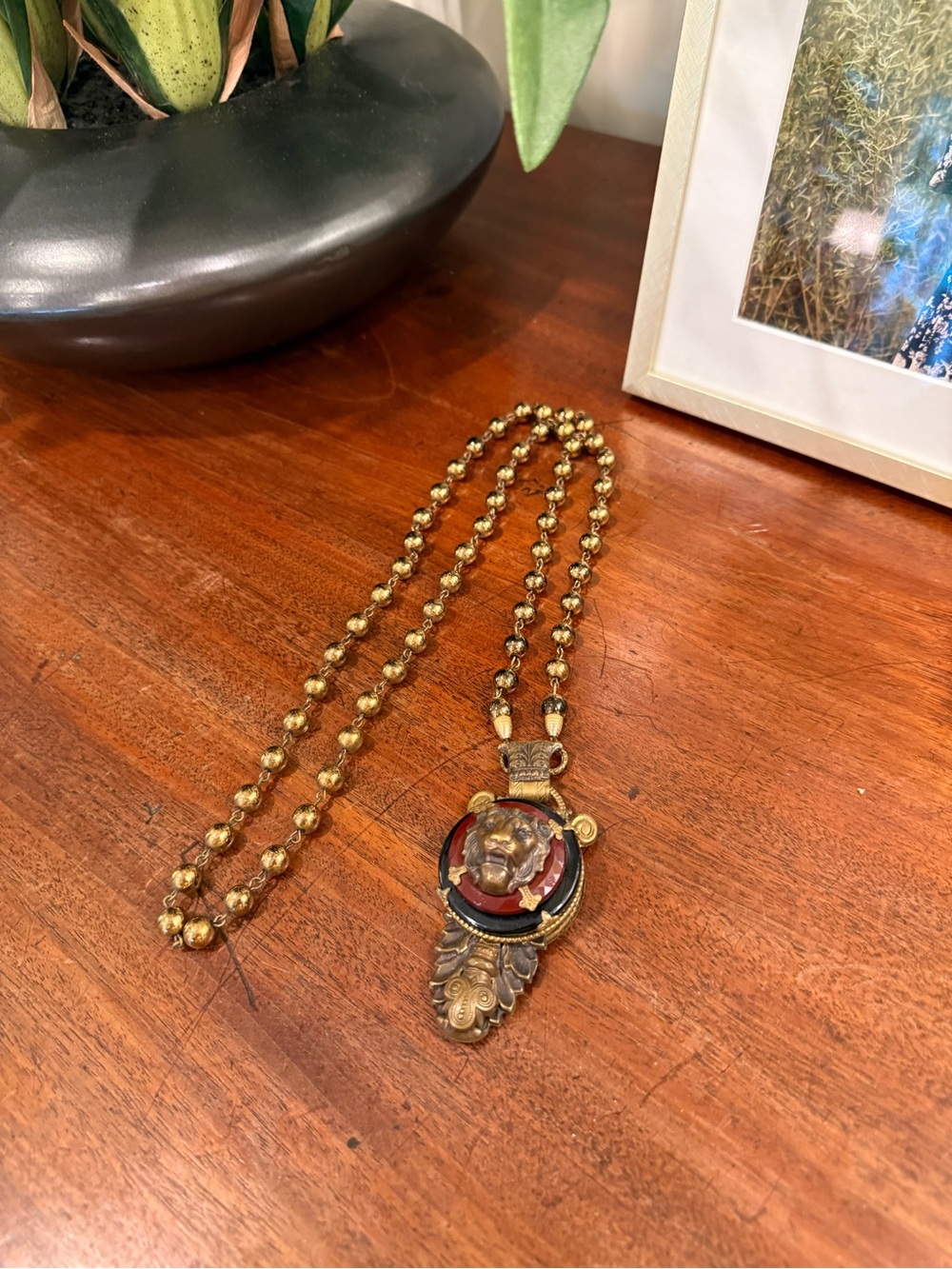 Vintage Lion Head Pendant with Gold Beaded Long Necklace - Statement Jewelry - Picture 4 of 5